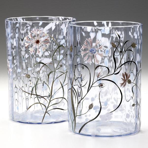 Appraisal: GALLE Pair of early faceted vases enameled in the Aesthetic