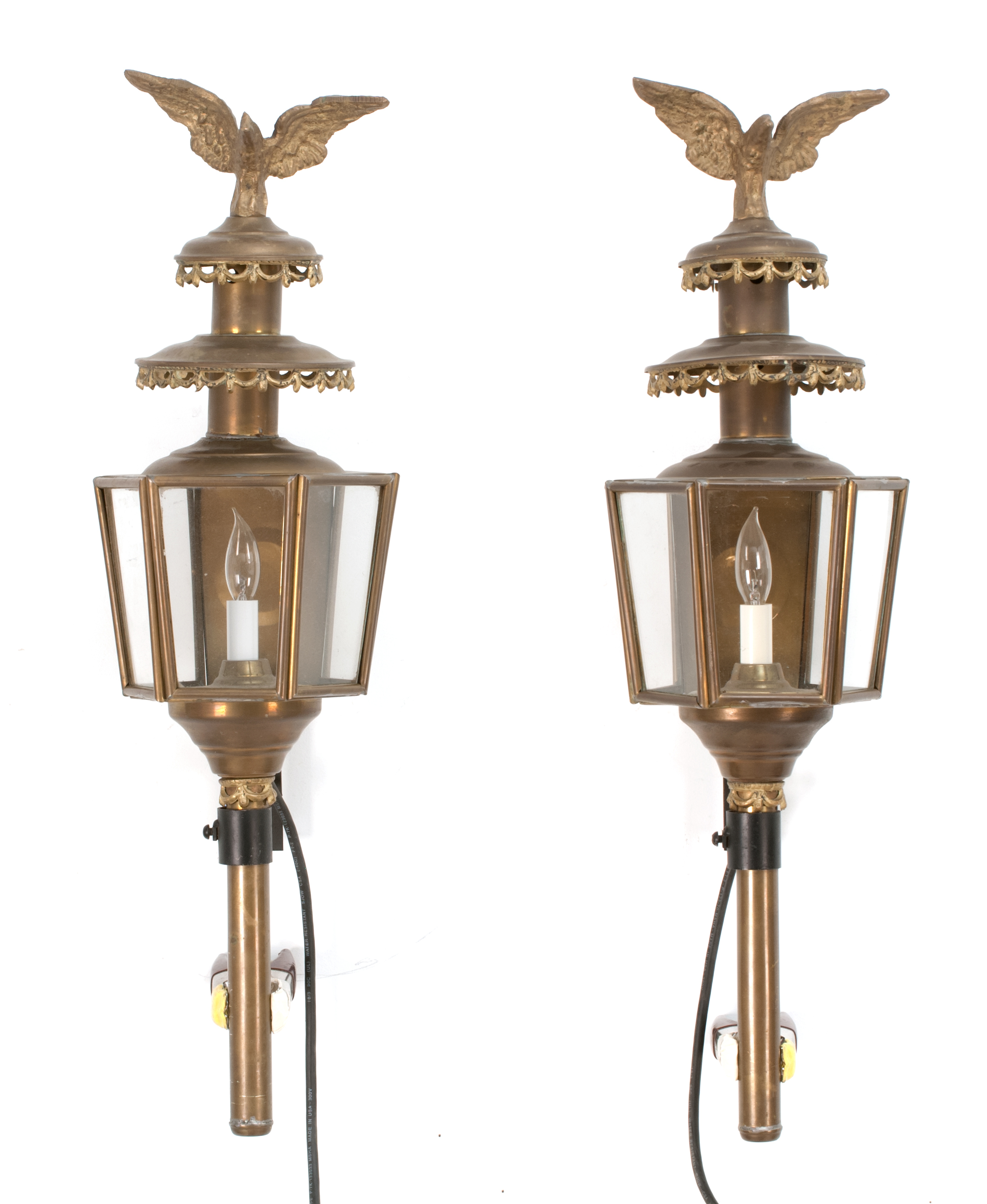 Appraisal: PAIR OF TH CENTURY BRASS CARRIAGE-STYLE LANTERNS with eagle finials