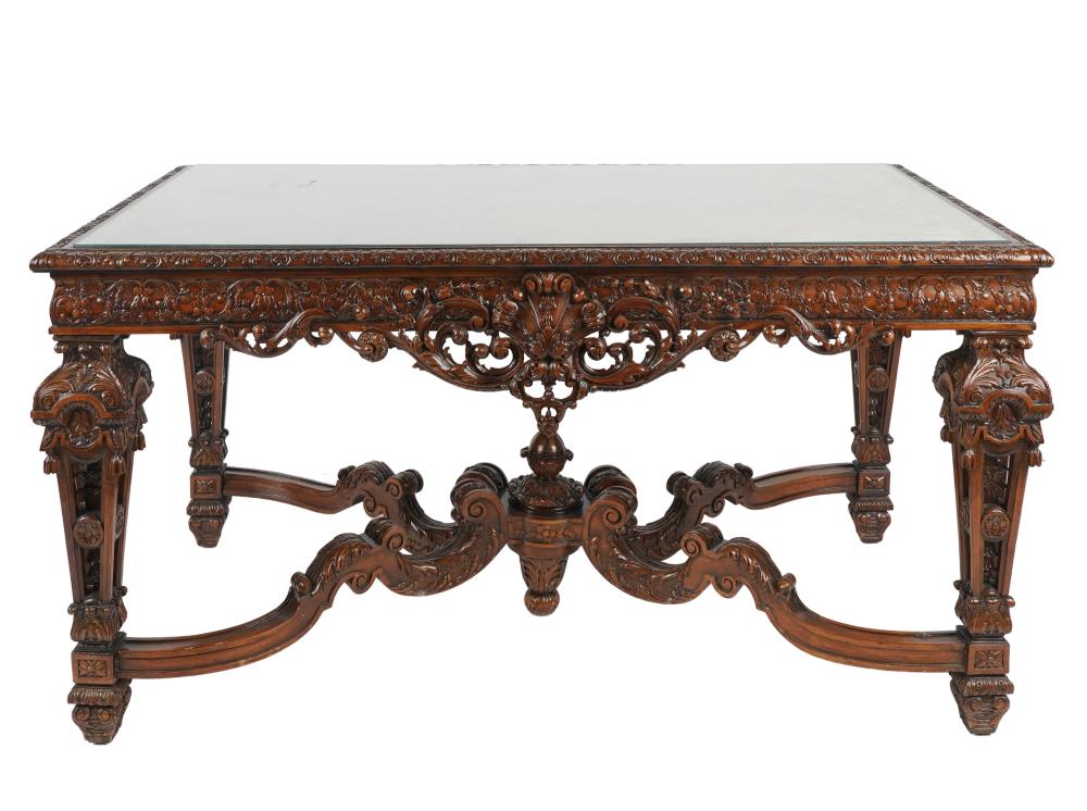 Appraisal: LOUIS XIV-STYLE CARVED WALNUT HALL TABLEthe top lined with antique