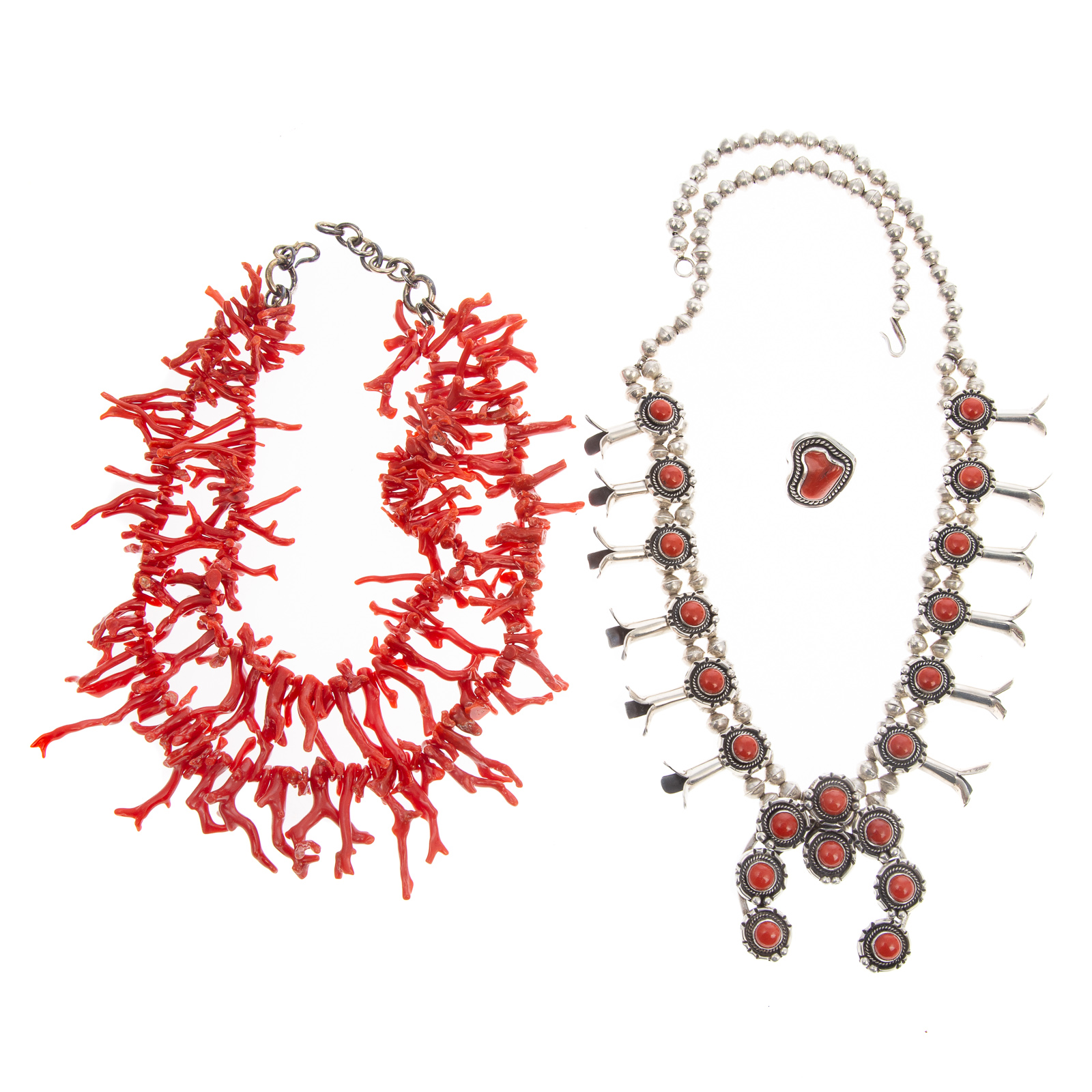 Appraisal: A CORAL SQUASH BLOSSOM NECKLACE RING MORE Sterling silver coral