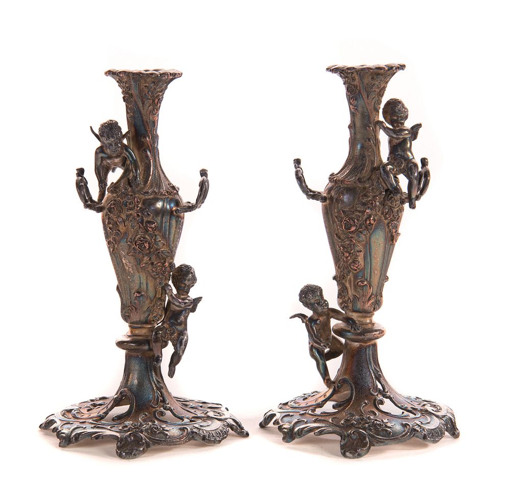 Appraisal: Pair of Sheffield Silver Cupid Vases Pair of Sheffield Silver