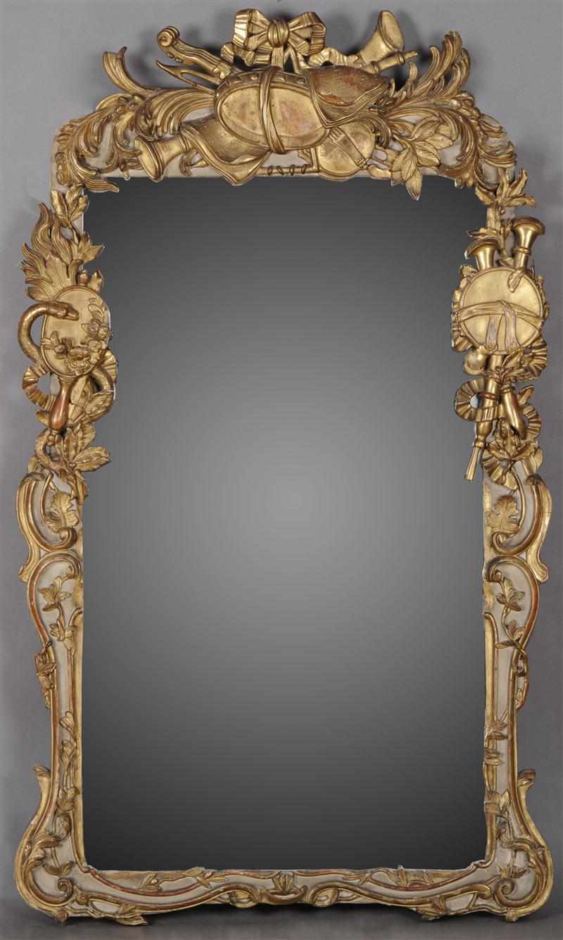 Appraisal: LOUIS XV STYLE CARVED PAINTED AND PARCEL GILT MIRROR Richly