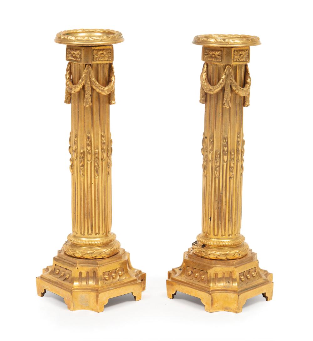 Appraisal: Pair of Empire-Style Gilt-Bronze Candlesticks stop-fluted column standard with swags