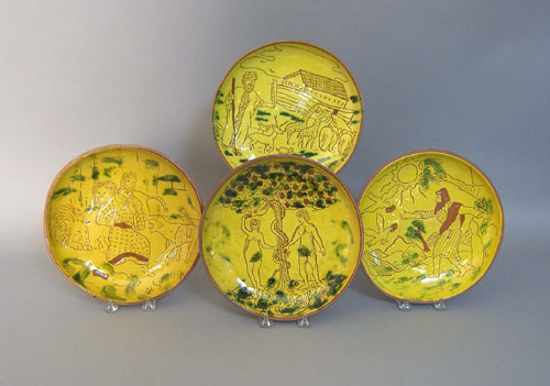 Appraisal: Four Lester Breininger sgraffito redware plates dia Provenance Collection of