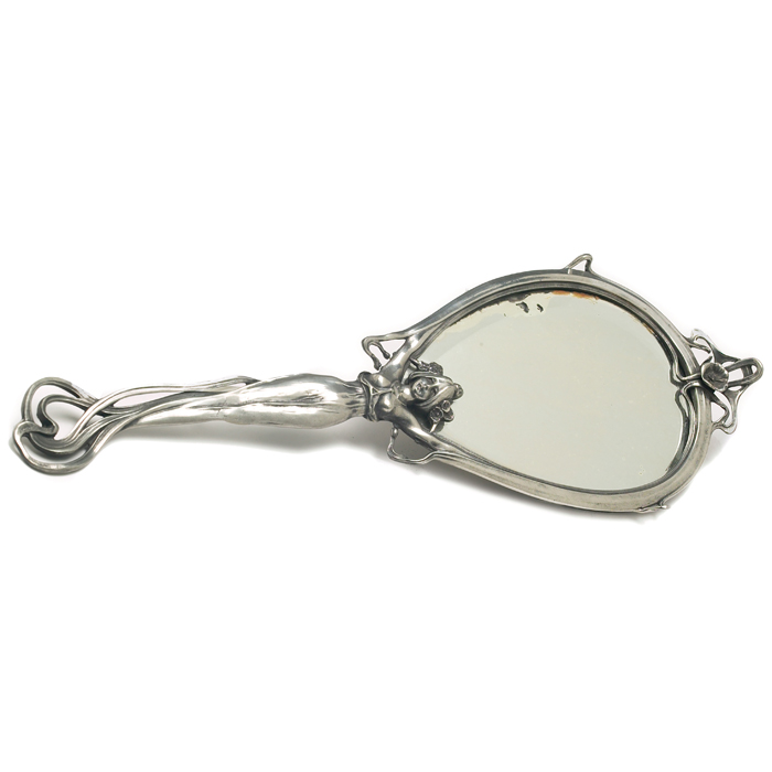 Appraisal: Art Nouveau hand mirror pewter metal with handle depicting a