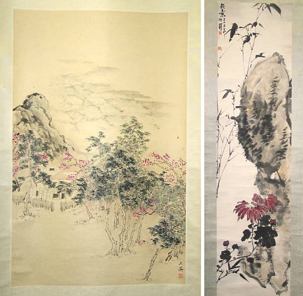 Appraisal: Three contemporary hanging scrolls The first of bamboo and rock