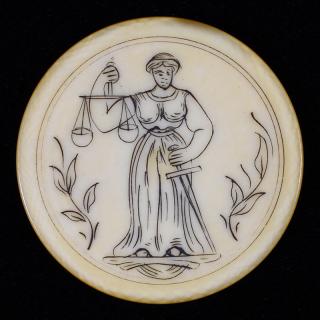 Appraisal: Lady Liberty Scrimshawed Ivory Poker Chip American ca Lightly yellowed