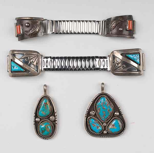 Appraisal: Navajo and Hopi Silver and Turquoise Watch Bands and Pendants