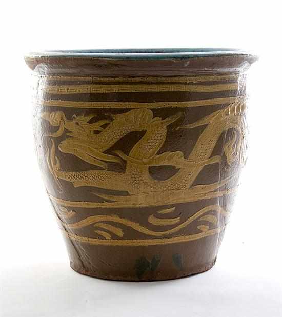 Appraisal: Asian stoneware fermentation jar yellow and brown glaze with dragon