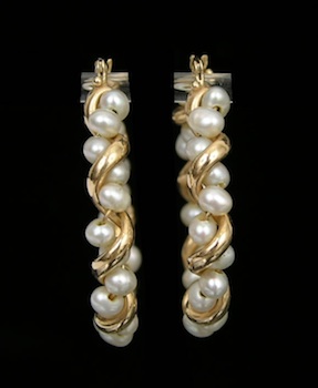 Appraisal: A Pair of Gold and Pearl Hoop Earrings A lovely