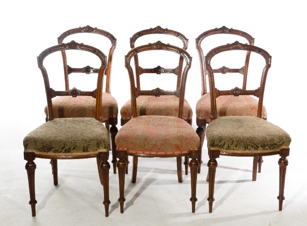 Appraisal: SET OF SIX VICTORIAN WALNUT DINING CHAIRS each with arched