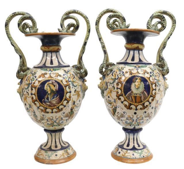 Appraisal: pair Italian majolica tin-glazed earthenware urns th c hand painted