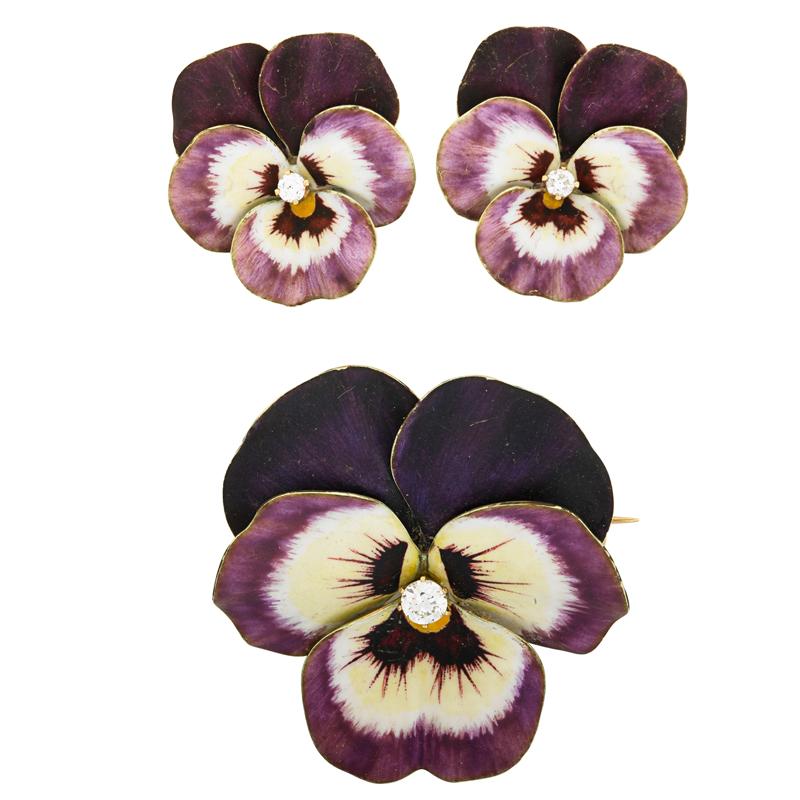 Appraisal: ENAMELED GOLD DIAMOND PANSY SUITE BY HEDGES Condition Report Very