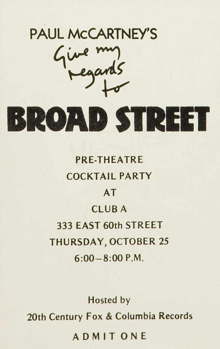 Appraisal: A Paul McCartney signed pre-theatre cocktail party ticket for Broad