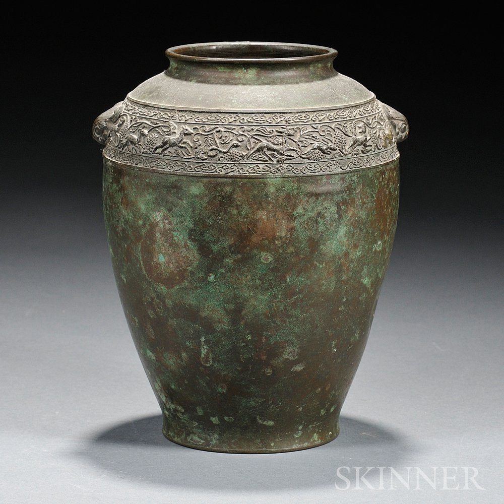 Appraisal: Archaic-style Bronze Vessel China lei-type jar with bulbous shoulder and