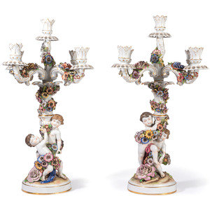 Appraisal: A Pair of Schierholz Porcelain Candelabra German blue underglaze Schierholz