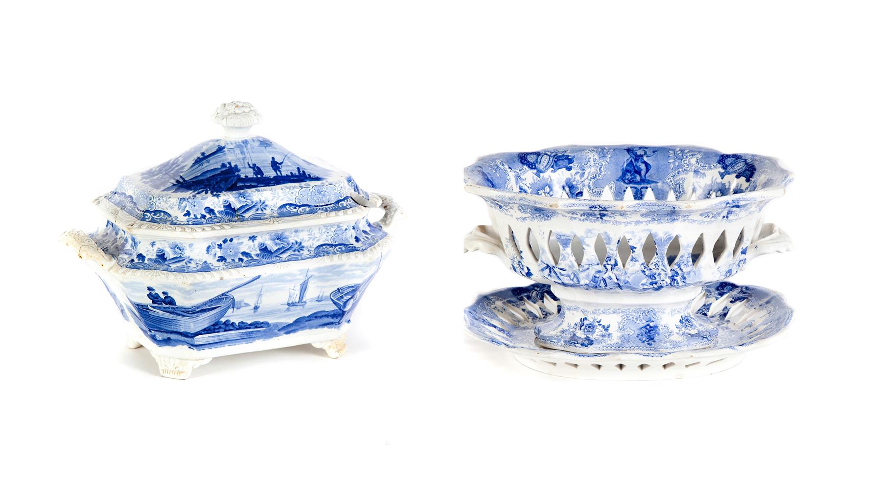 Appraisal: TWO PIECES OF MEDIUM BLUE ROMANTIC TRANSFER STAFFORDSHIRE England mid