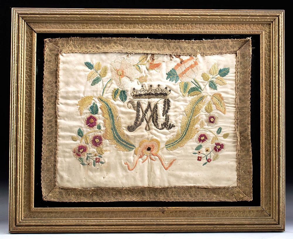 Appraisal: th C Silk Embroidery w Emperor Maximilian Monogram Latin America