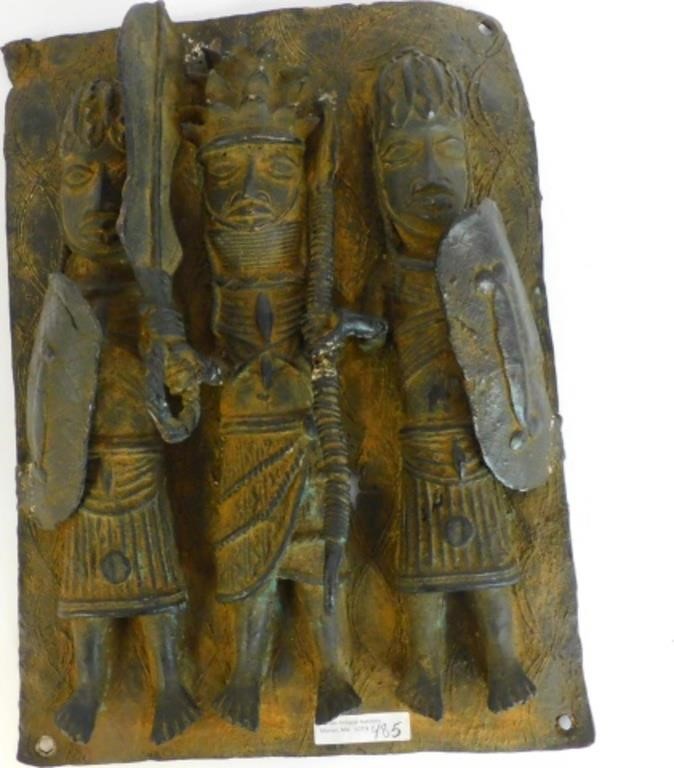 Appraisal: BENIN BRONZE PLAQUE TH CENTURY BENIN KINGDOM featuring three warriors