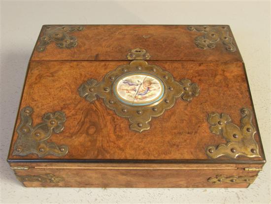 Appraisal: th century burr walnut and brass mounted writing slope the