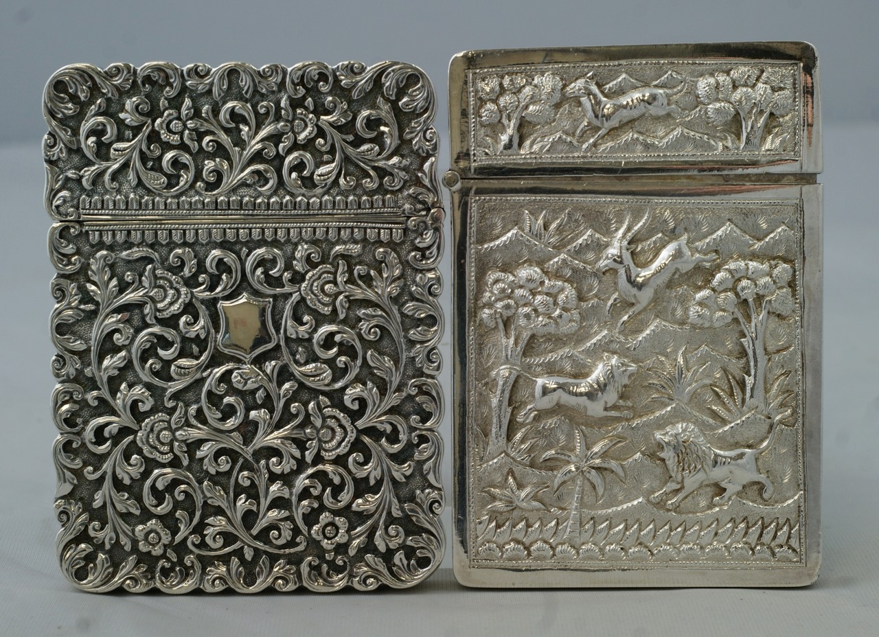 Appraisal: Indian Silver Card Cases one with animals and the other