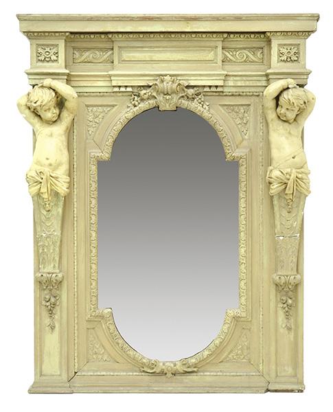 Appraisal: A PAINTED WOOD AND PLASTER ARCHITECTURAL MIRROR SURROUND AND MIRROR