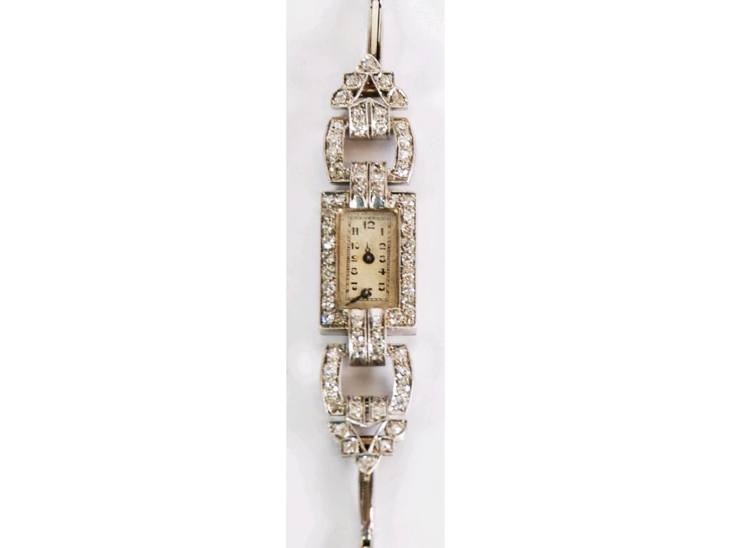 Appraisal: LADY'S PLATINUM AND DIAMOND ART DECO WRISTWATCH with Swiss jewels