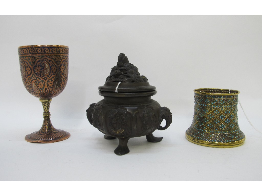 Appraisal: Chinese bronze koro and cover copper and enamel goblet and