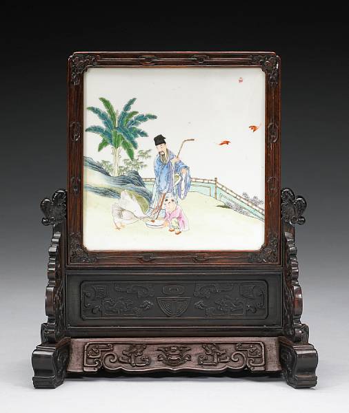 Appraisal: A polychrome enameled porcelain plaque mounted as a table screen