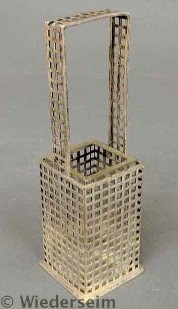 Appraisal: Rare silverplate Wiener-Werkstatte square basket form vase holder with handle