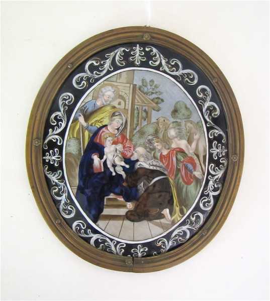 Appraisal: CONTINENTAL ENAMEL PAINTED PLAQUE on oval copper Depicts the magi