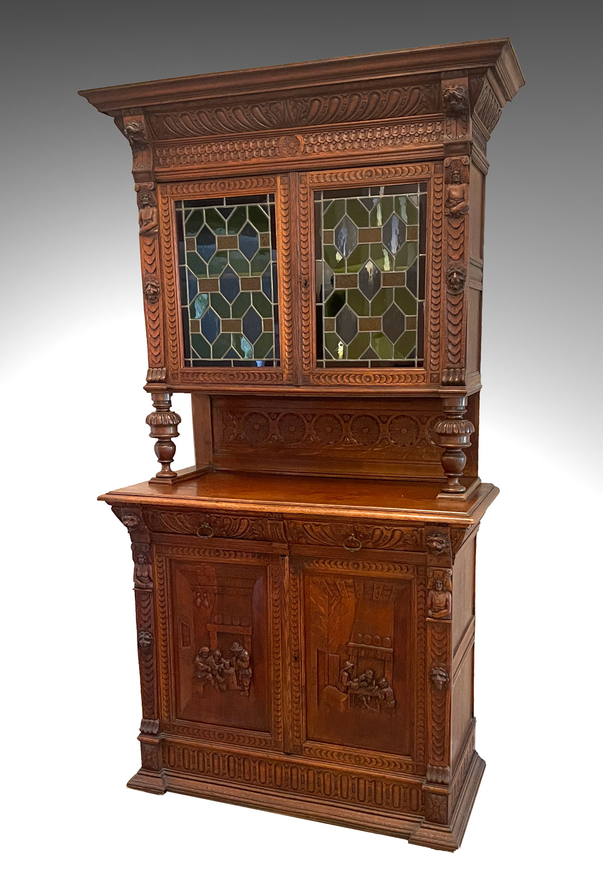 Appraisal: HIGHLY CARVED STEP-BACK CABINET WITH LEADED GLASS part step-back cabinet