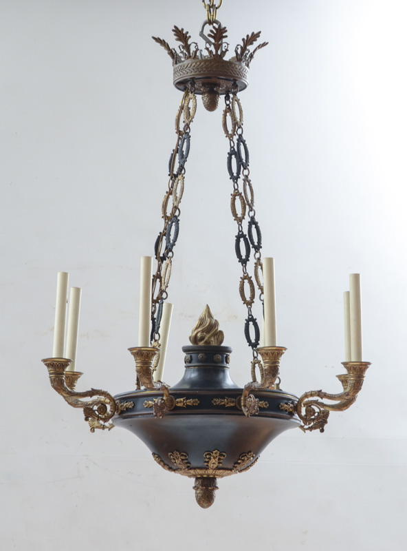 Appraisal: EMPIRE STYLE PATINATED AND GILT-METAL EIGHT-LIGHT CHANDELIER Of oil lamp