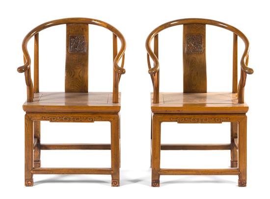 Appraisal: Sale Lot A Pair of Elmwood Horseshoe Back Chairs Quanyi