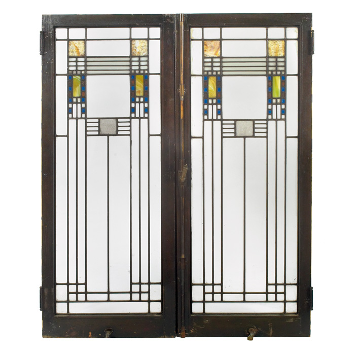 Appraisal: Good Prairie School windows pair geometric design in leaded glass