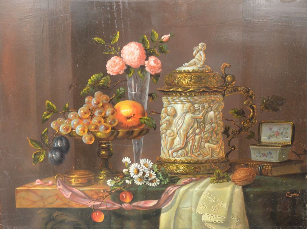 Appraisal: Still Life with grapes chestnut a pitcher and roses oil