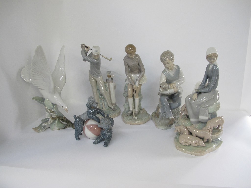 Appraisal: Five Lladro and one Nao figures to include turtle dove