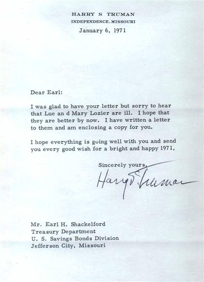 Appraisal: piece Typed Letter Signed Truman Harry S Independence Missouri Jan