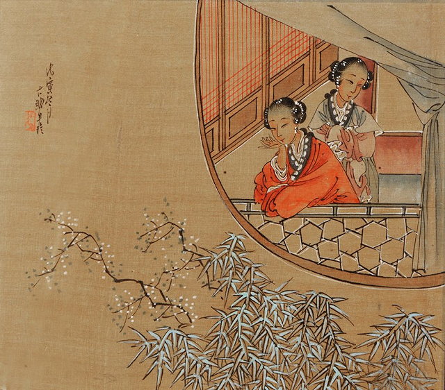 Appraisal: A JAPANESE WATERCOLOUR on silk two Geisha looking out from