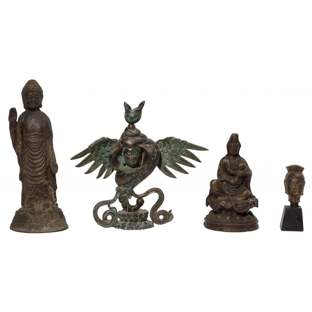 Appraisal: ASIAN BRONZE FIGURE ASSORTMENT items including Buddha face in seashell