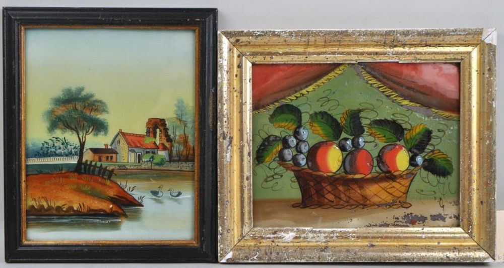 Appraisal: Two Small Framed Reverse Glass Paintings one of basket of