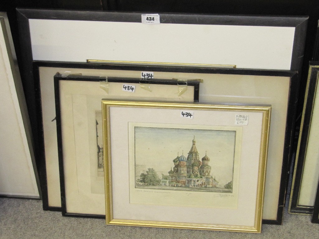 Appraisal: Lot comprising four etchings to include Russian etching John G