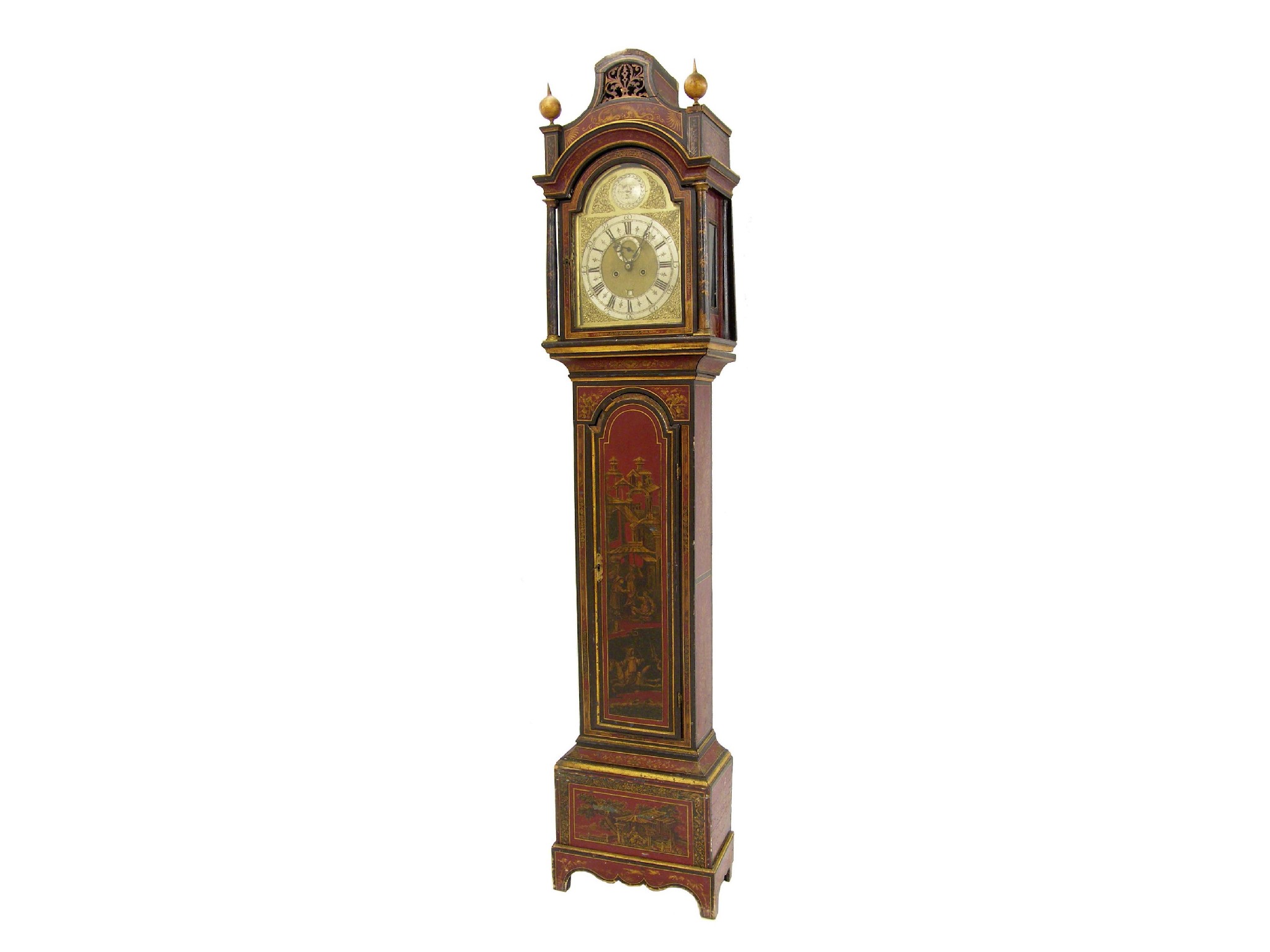 Appraisal: Good English red lacquer and chinoiserie decorated eight day longcase