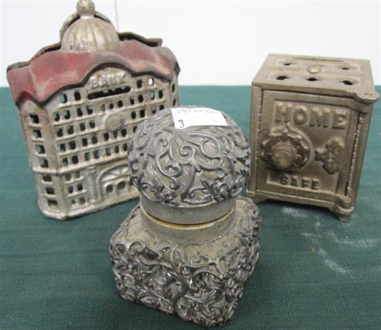 Appraisal: TWO SMALL METAL COIN BANKS AND A WHITE METAL-MOUNTED GLASS