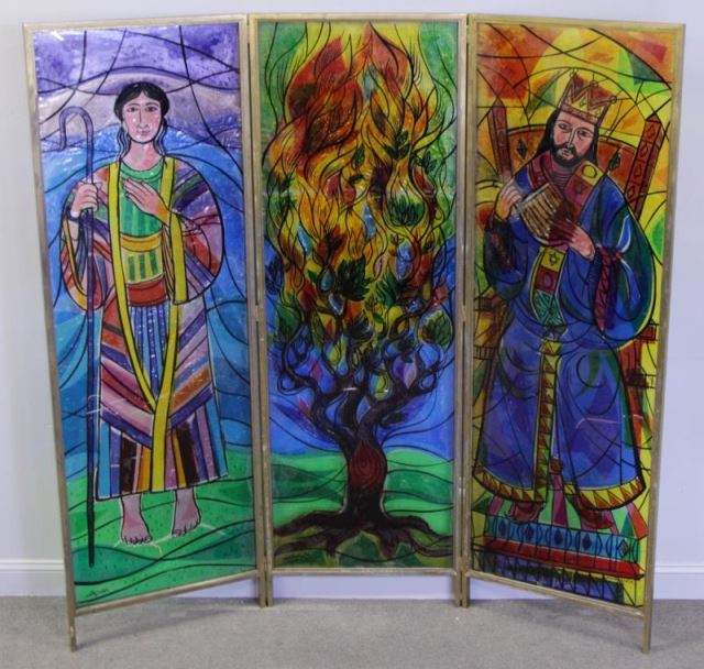 Appraisal: KINIGSTEIN Jonah Mixed Media Glass PanelJudiac Screen Each panel is