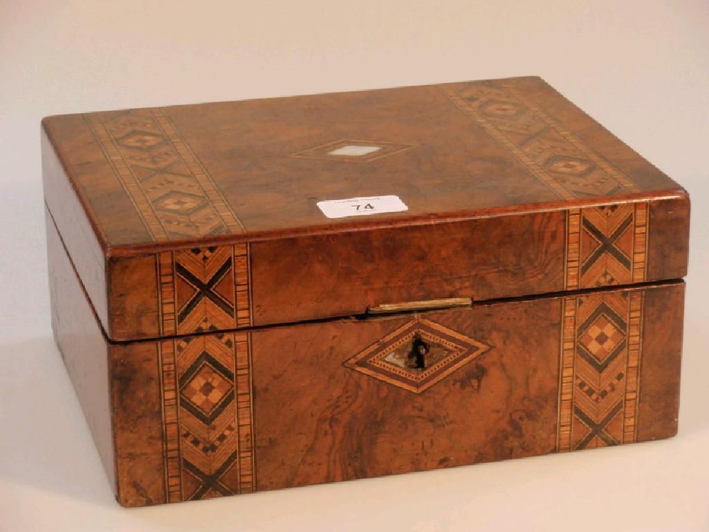 Appraisal: A Victorian walnut work box with Tunbridge inlay