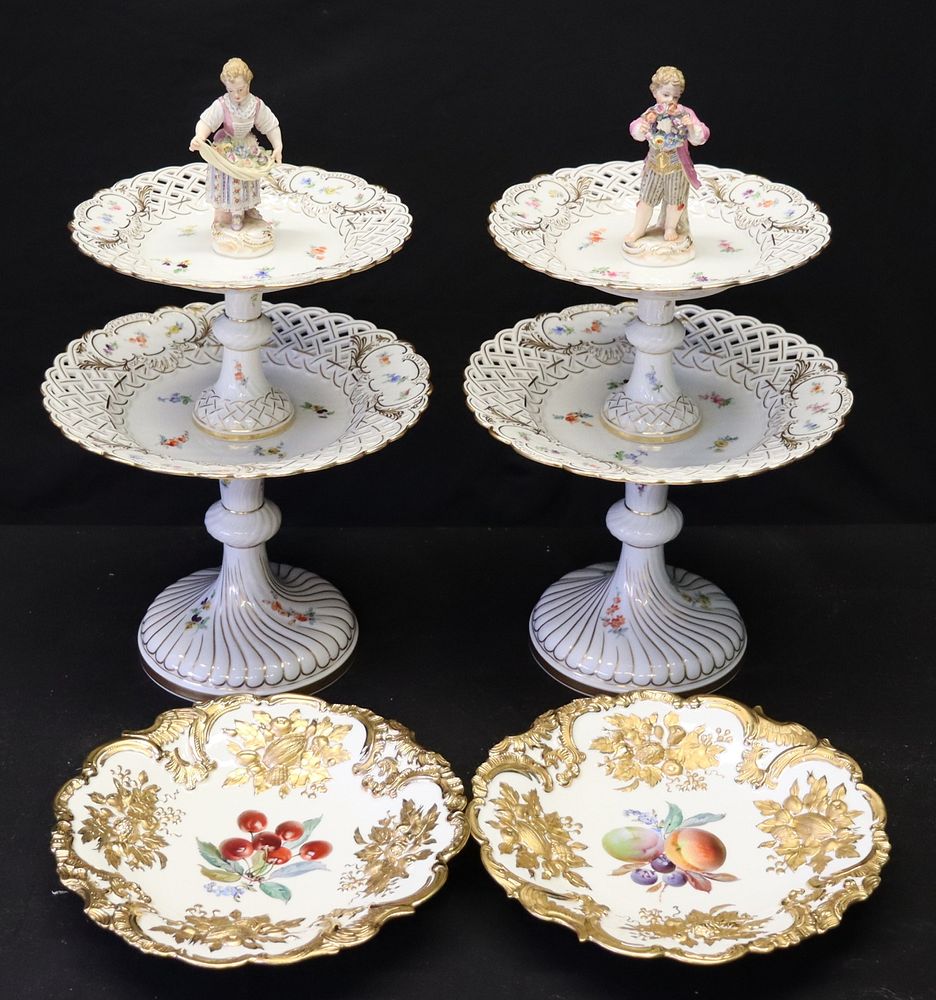 Appraisal: MEISSEN Pair Of Reticulated Porcelain Tazzas With Figural Finials Together