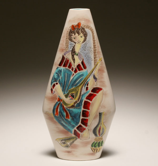 Appraisal: Large Italian art pottery vase depicting a female musician playing