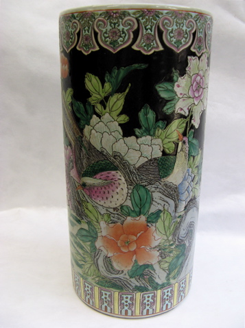 Appraisal: CHINESE FAMILLE NOIRE POTTERY UMBRELLA STAND of cylindrical form the