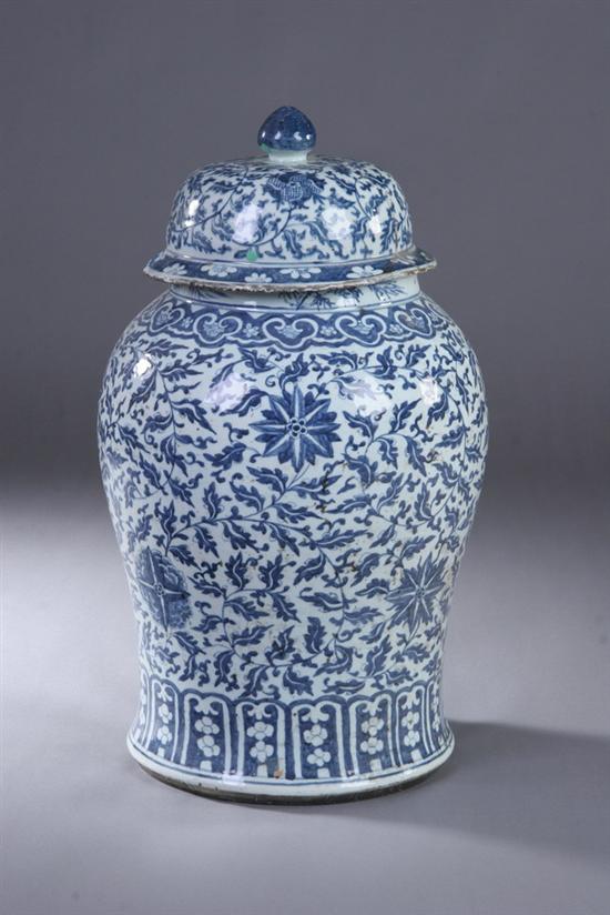 Appraisal: CHINESE BLUE AND WHITE PORCELAIN VASE AND COVER Ming Dynasty